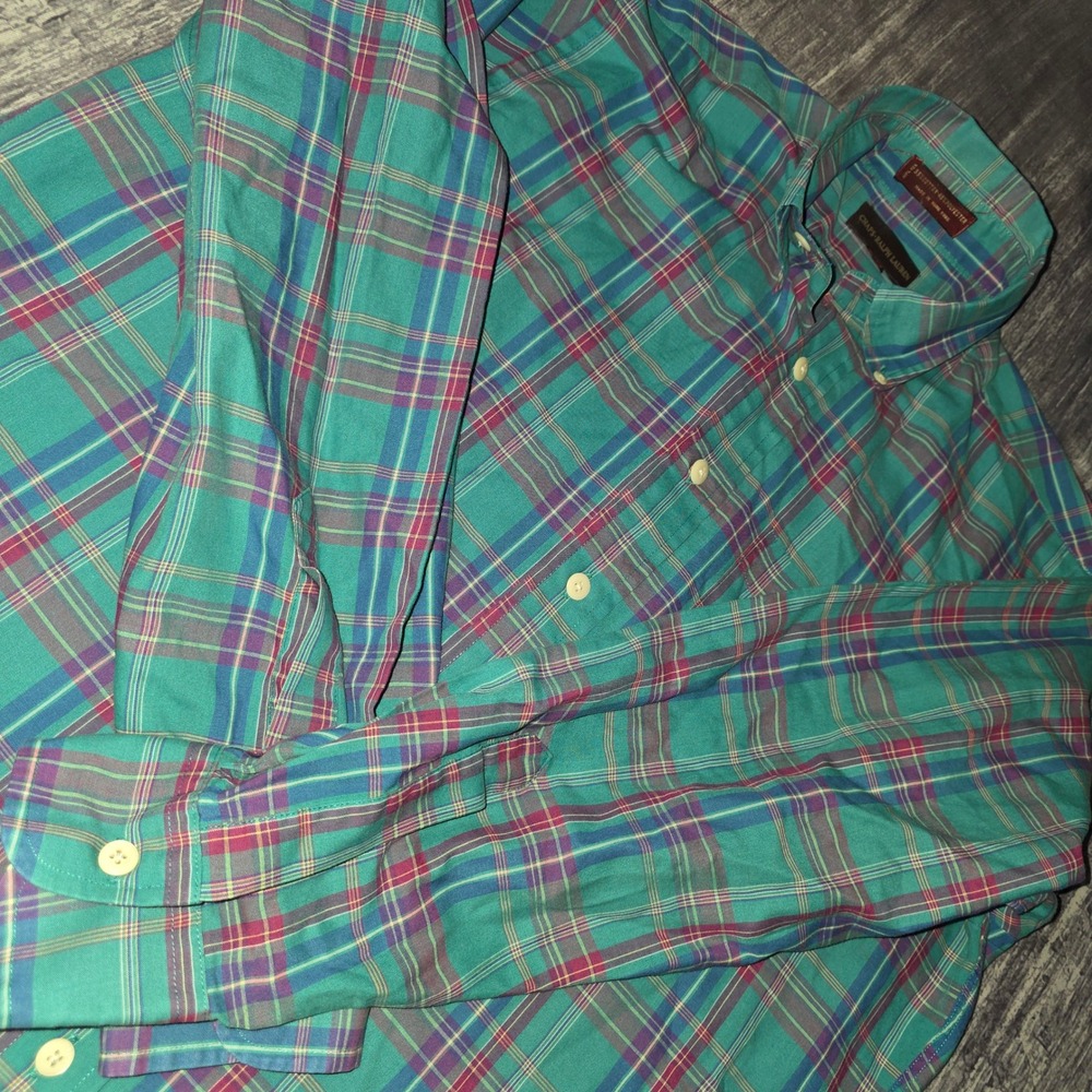 VTG Chaps Ralph Lauren Plaid Button Down Shirt Men's Medium Teal Long Sleeve